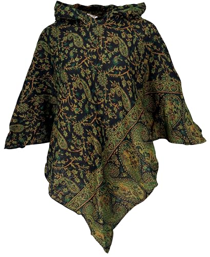 GURU SHOP Flauschiger Poncho mit Kapuze, Goa Hippie Poncho, Damen, Schwarz/Lemon, Synthetisch, Size:40 von GURU SHOP