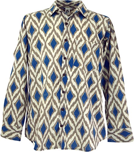 GURU SHOP Freizeithemd, Goa Hemd, Langarm Herrenhemd mit Afrikanischem Druck, Marine/Sand, Baumwolle, Size:XL von GURU SHOP