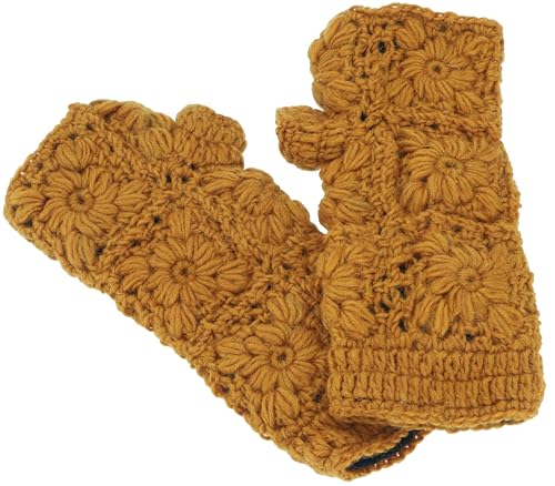 GURU SHOP Gehäkelte Handstulpen Blümchen, Armstulpen aus Schurwolle, Pulswärmer, Herren/Damen, Mustard, Size:One Size von GURU SHOP