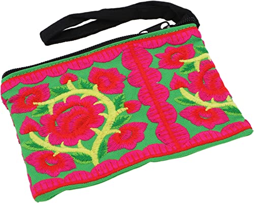 GURU SHOP Geldbeutel/Kosmetiktäschchen mit Folklore Stickerei - Grün/pink, Herren/Damen, Synthetisch, Size:One Size, 11x16x3 cm, Kleine Taschen für Kosmetik, Schreibzeug, Mehr von GURU SHOP