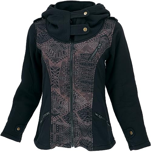 GURU SHOP Goa Festival Jacke Print, Jacke mit Weiter Kapuze, Schwarz/braun, Baumwolle, Size:S (36) von GURU SHOP