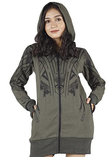 GURU SHOP Goa Festival Jacke mit Tribal Print, Jacke mit Weiter Kapuze, Olivgrün, Baumwolle, Size:S (36) von GURU SHOP