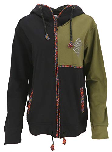 GURU SHOP Goa Hoodie Jacke, Ethno Kapuzen Jacke, Schwarz/Olive, Baumwolle, Size:XL von GURU SHOP