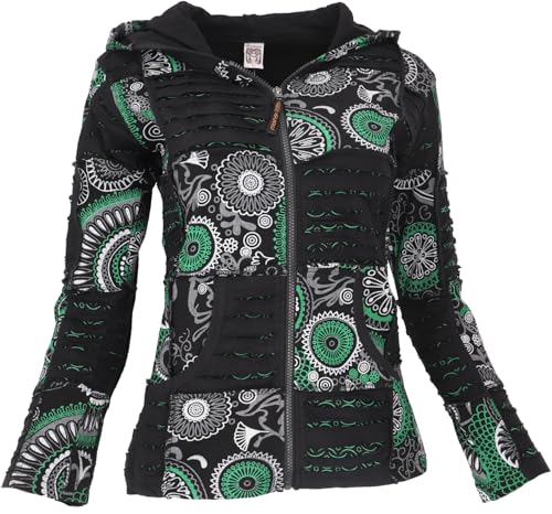 GURU SHOP Goa Patchwork Jacke, Boho Kapuzenjacke, Ethno Jacke - Schwarz/grün, Damen, Baumwolle, Size:XL GURU SHOP Goa Patchwork Jacke, Boho Kapuzenjacke, Ethno Jacke - Schwarz/grün, Damen, Baumwolle, Size:XL von GURU SHOP
