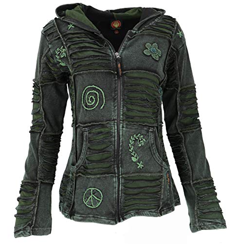 GURU SHOP Goa Patchwork Jacke, Kapuzenjacke, Dunkelgrün, Baumwolle, Size:L (42) von GURU SHOP