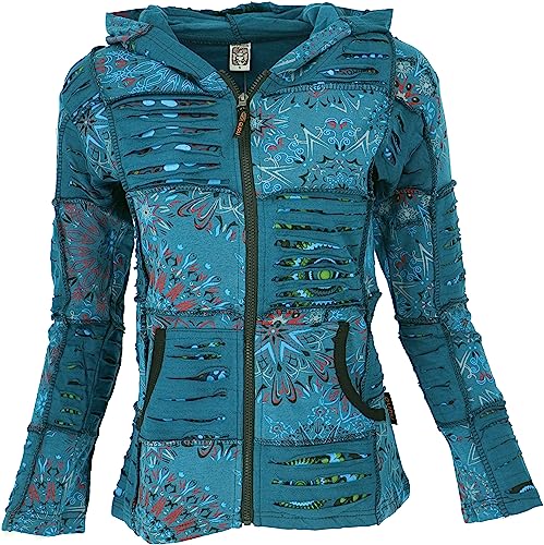 GURU SHOP Goa Patchwork Jacke, Kapuzenjacke, Ethno Jacke, Petrol, Baumwolle, Size:M (40) von GURU SHOP