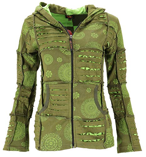 GURU SHOP Goa Patchwork Jacke, Kapuzenjacke, Olivgrün/Lemon, Baumwolle, Size:XL (44) von GURU SHOP