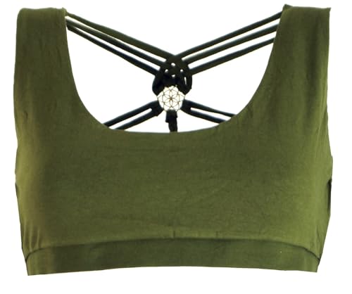 GURU SHOP Goa Psytrance Bikini Top, Boho Top, Pixi Yoga Top - Olivgrün, Damen, Baumwolle, Size:L von GURU SHOP