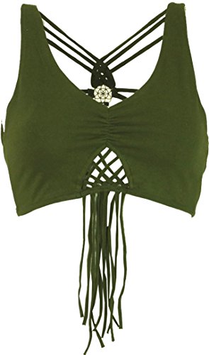 GURU SHOP Goa Psytrance Bikini Top, Top, Pixi Top, Fransentop, Olive, Baumwolle, Size:M (38) von GURU SHOP