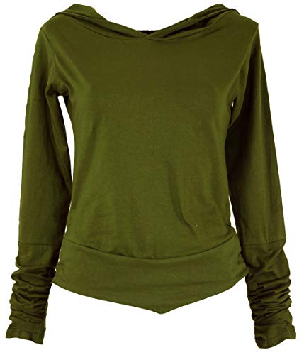 GURU SHOP Goa Psytrance Shirt, Kapuzen Hoody, Elfen Hoody, Langarmshirt, Olive, Baumwolle, Size:M/L (38) von GURU SHOP