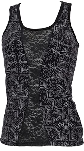 GURU SHOP Goa Psytrance Tank Top mit Spitze, YogaTop, Schwarz/grau, Baumwolle, Size:M (38) von GURU SHOP