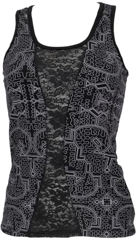 GURU SHOP Goa Psytrance Tank Top mit Spitze, YogaTop - Schwarz/grau, Damen, Baumwolle, Size:S von GURU SHOP