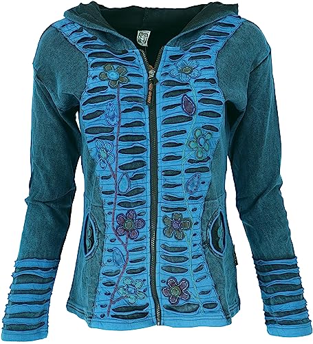 GURU SHOP Goa Stonewash Jacke, Patchwork Kapuzenjacke mit Blüten, Blau, Baumwolle, Size:L (42) von GURU SHOP