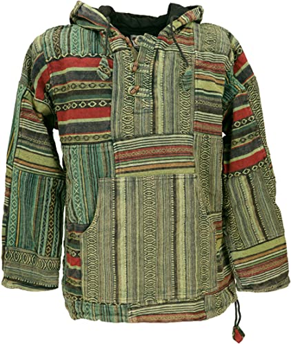 GURU SHOP Goa Unisex Kapuzenshirt, Stonewash Patchwork Baja Hoody, Grün, Baumwolle, Size:L von GURU SHOP