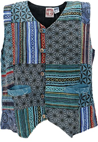 GURU SHOP Goaweste, Psytrance Patchwork Herren Weste, Blau, Baumwolle, Size:L von GURU SHOP