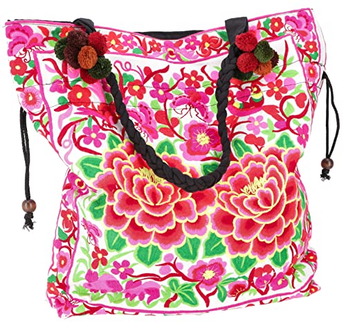 GURU SHOP Große Schultertasche, Hippie Shopper Tasche Chiang Mai, Bestickter Beutel - Blume Weiß/pink, Herren/Damen, Rosa, Baumwolle, Size:One Size, 42x42x10 cm von GURU SHOP