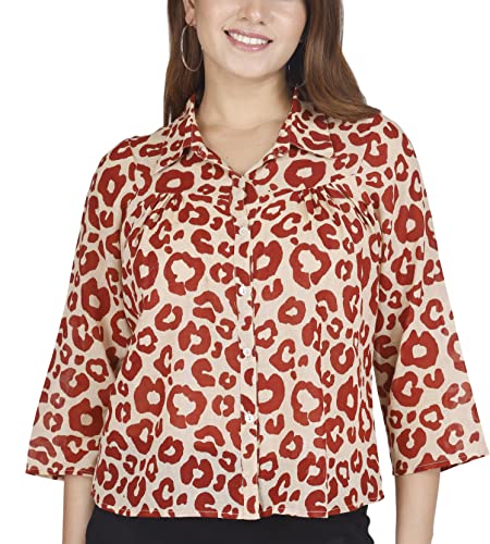 GURU SHOP Handbedruckte Bluse, Luftige Baumwollbluse, Beige/Rot, Baumwolle, Size:S (36) von GURU SHOP