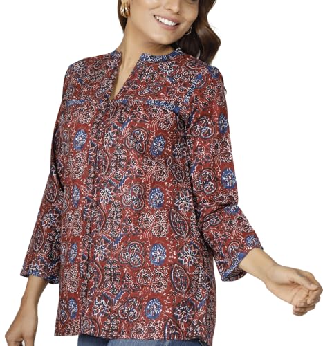 GURU SHOP Handbedruckte Bohobluse, Luftige Baumwollbluse - Rostrot, Damen, Baumwolle, Size:S von GURU SHOP