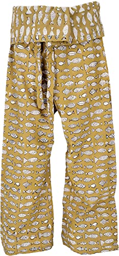 GURU SHOP Handbedruckte Fischerhose, Handbedruckte Yogahose - Senfgelb/Fische, Herren/Damen, Baumwolle, Size:One Size von GURU SHOP