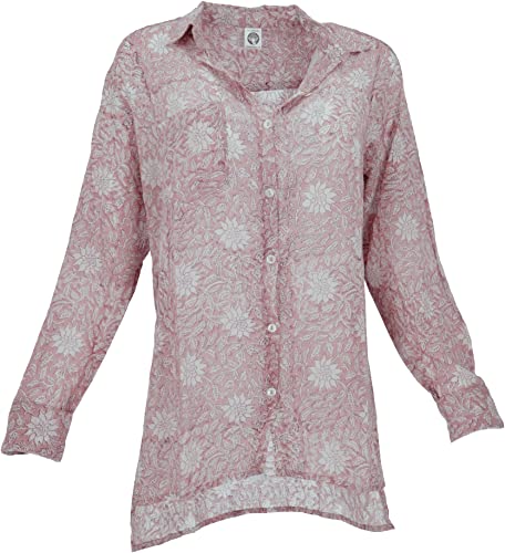 GURU SHOP Handbedrucktes Langarmhemd, Luftiges Unisex Hemd, Rosa, Baumwolle, Size:L (40) von GURU SHOP