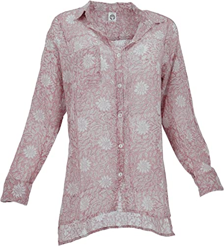 GURU SHOP Handbedrucktes Langarmhemd, Luftiges Unisex Hemd, Rosa, Baumwolle, Size:S (36) von GURU SHOP