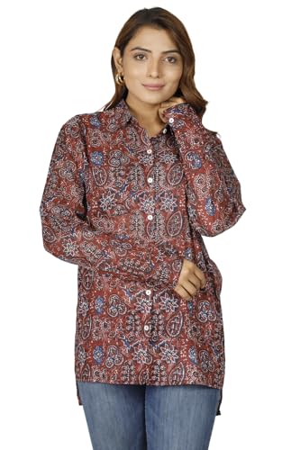 GURU SHOP Handbedrucktes Boho Langarmhemd, Luftiges Unisex Hemd - Rostrot, Damen, Baumwolle, Size:L von GURU SHOP