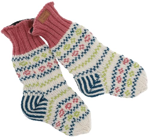 GURU SHOP Handgestrickte Gefütterte Schafwollsocken, Bunte Haussocken, Hüttensocken, Nepal Socken, Herren/Damen, Weiß/bunt, Wolle, Size:Medium von GURU SHOP