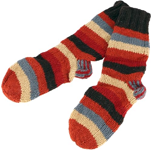 GURU SHOP Handgestrickte Gefütterte Schafwollsocken, Gestreifte Haussocken, Hüttensocken, Nepal Socken, Rostorange/bunt, Wolle, Size:L (41-43) von GURU SHOP