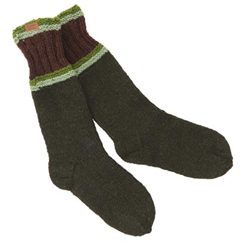 GURU SHOP Handgestrickte Schafwollsocken, Haussocken, Nepal Socken, Herren/Damen, Olivgrün, Wolle, Size:Large von GURU SHOP