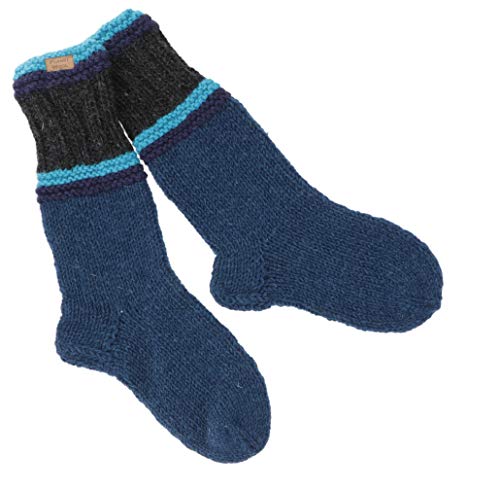 GURU SHOP Handgestrickte Schafwollsocken, Haussocken, Nepal Socken, Herren/Damen, Petrol/schwarz, Wolle, Size:Large von GURU SHOP