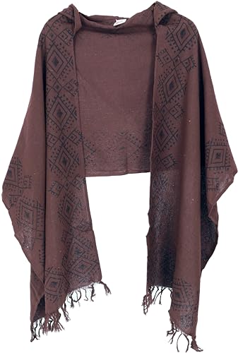 GURU SHOP Handgewebter Baumwollschal mit Kapuze, Handbedrucktes Tribalmuster, Poncho Schal, Herren/Damen, Braun, Baumwolle, Size:One Size von GURU SHOP