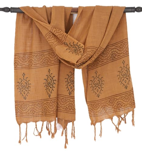 GURU SHOP Handgewebtes Baumwolltuch mit Tribalmuster, Blockdruck Webschal - Caramel, Herren/Damen, Baumwolle von GURU SHOP