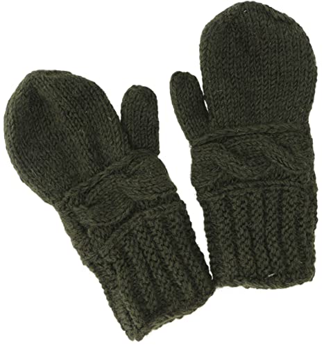 GURU SHOP Handschuhe aus Wolle, Fauster, Handgestrickte Fausthandschuhe aus Nepal, Herren/Damen, Olivgrün, Size:One Size von GURU SHOP