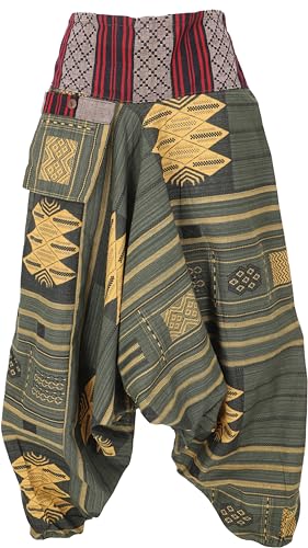 GURU SHOP Haremshose mit Breitem Gewebtem Bund, Ikat Thai Pluderhose, Damen, Olive, Baumwolle, Size:38 von GURU SHOP