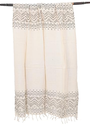 GURU SHOP Indisches Bedrucktes Baumwolltuch, Leichter Blockprint Schal, Sarong, Strandtuch, Herren/Damen, Helles Beige/schwarz, Baumwolle, Size:One Size, 180x95 cm von GURU SHOP