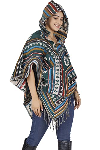 GURU SHOP Inka Poncho mit Kapuze, Goa Hippie Poncho, Damen, Grün, Synthetisch, Size:40 von GURU SHOP