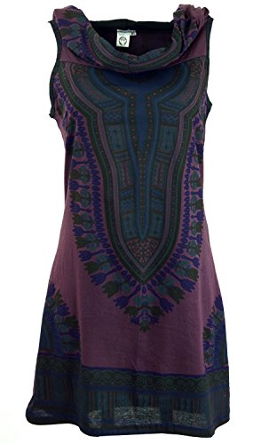 GURU SHOP Kapuzen Dashiki Minikleid, Goa Festivalkleid, Plum, Baumwolle, Size:S/M (34) von GURU SHOP