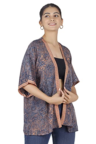 GURU SHOP Kimono Jäckchen mit Kurzen Ärmeln, Kimonobluse, Damen, Grau/orange, Synthetisch, Size:40 von GURU SHOP