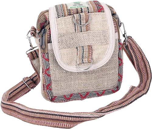 GURU SHOP Kleine Hanf Schultertasche, KameraTasche, Nepal Tasche - Natur/rost, Herren/Damen, Beige, Baumwolle, Size:One Size, 18x15x7 cm, Alternative Umhängetasche, Handtasche aus Stoff von GURU SHOP