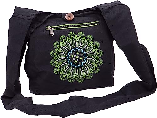 GURU SHOP Kleiner Schulterbeutel mit Mandala, Nepalbeutel - Schwarz/lemon, Herren/Damen, Baumwolle, Size:One Size, 25x30x10 cm, Alternative Umhängetasche, Handtasche aus Stoff von GURU SHOP