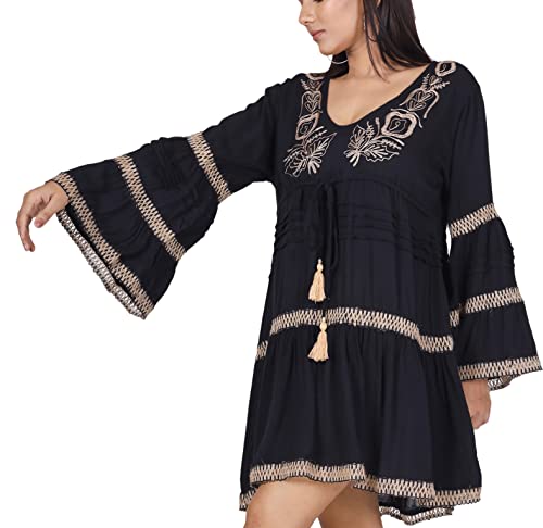 GURU SHOP Krinkelbluse, Bestickte Hippie Tunika, Schwarz, Synthetisch, Size:S (38) von GURU SHOP