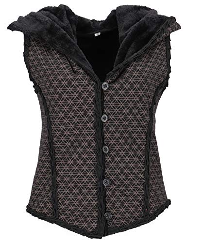 GURU SHOP Kurze Goa Weste mit Weiter Flauschiger Kapuze `Flower of Life`, Schwarz/braun, Baumwolle, Size:L (40) von GURU SHOP