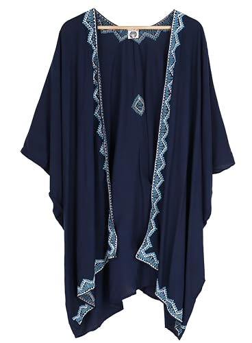 GURU SHOP Kurzer Bestickter Sommer Kimono, Kaftan, Strandkleid, Damen, Nachtblau, Synthetisch, Size:44 von GURU SHOP