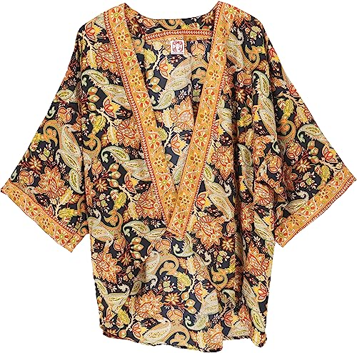 GURU SHOP Kurzer Kimono, Kimono, Offener Kimono, Damen, Schwarz/orange, Synthetisch, Size:One Size von GURU SHOP