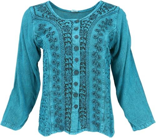 GURU SHOP Kurzes Blusentop Boho Chic, Indische Hippie Langarm Bluse - Jeansblau, Damen, Synthetisch von GURU SHOP