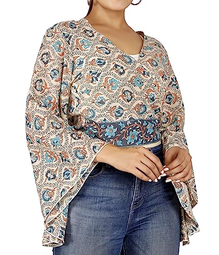 GURU SHOP Kurztop, Blusentop, Wickeltop, Baumwoll Wickelbluse mit Trompetenärmel, Damen, Beige/blau, Baumwolle, Size:38 von GURU SHOP