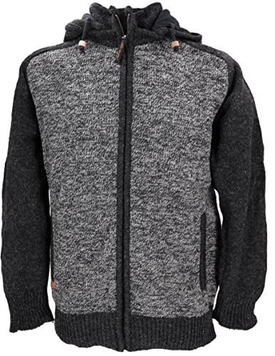 GURU SHOP Kuschelige GefütterteStrickjacke, Wolljacke, Nepaljacke - Grau/schwarz, Wolle, Size:XXL von GURU SHOP