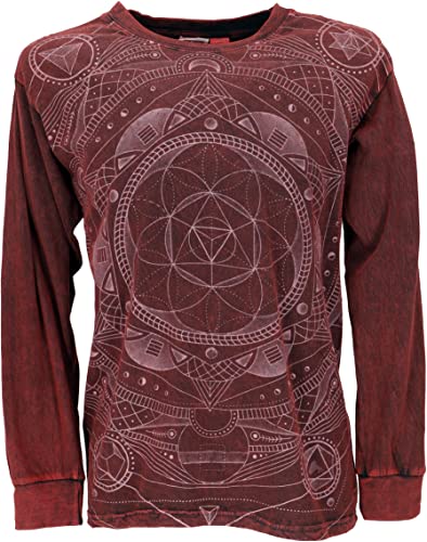 GURU SHOP Langarmshirt Mandala, Stonewash Goa Shirt, Weinrot, Baumwolle, Size:S von GURU SHOP