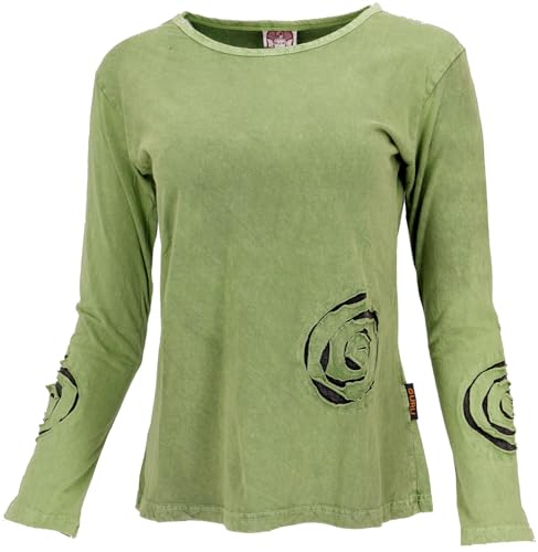 GURU SHOP Langarmshirt, Farbenfrohes Stonewash Shirt - Grün/Spirale, Damen, Baumwolle, Size:S von GURU SHOP