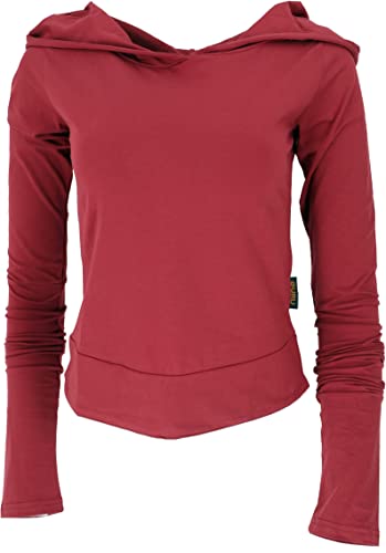 GURU SHOP Langarmshirt aus Biobaumwolle mit überlangen Ärmeln zum Raffen, Riesiger Kapuze, Rot, Size:S (36) von GURU SHOP